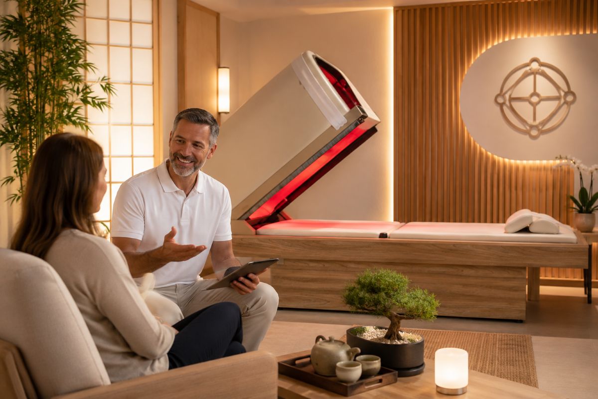 Accueil avant une séance de Iyashi Dôme® Illustration représentant l'accueil d'un client avant une séance de Iyashi Dôme® officiel dans un centre de bien-être haut de gamme en Suisse.