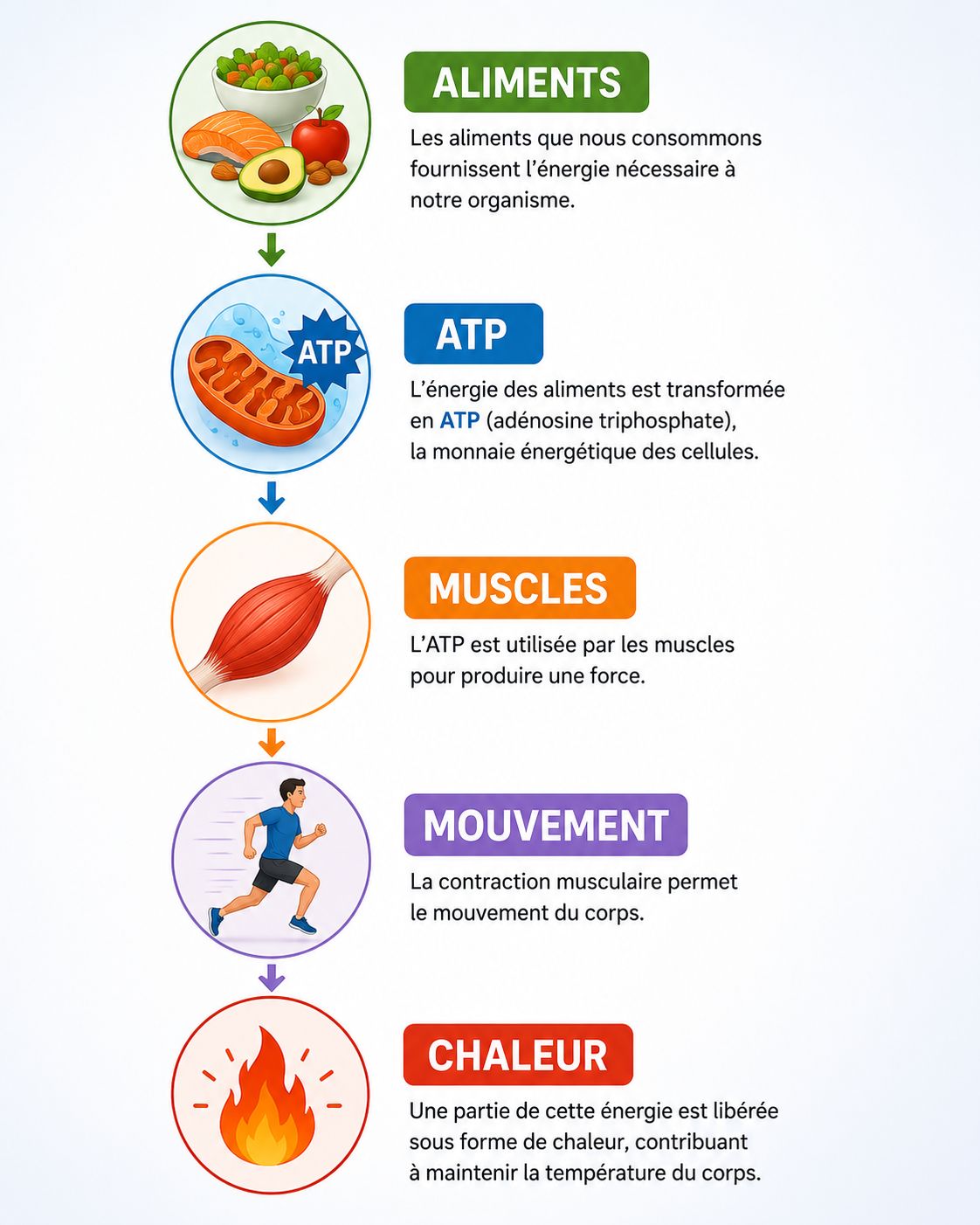 Des aliments à la chaleur : comment le corps produit son énergie Infographie illustrant le parcours de l'énergie dans l'organisme : aliments, production d'ATP, contraction des muscles, mouvement et production de chaleur.