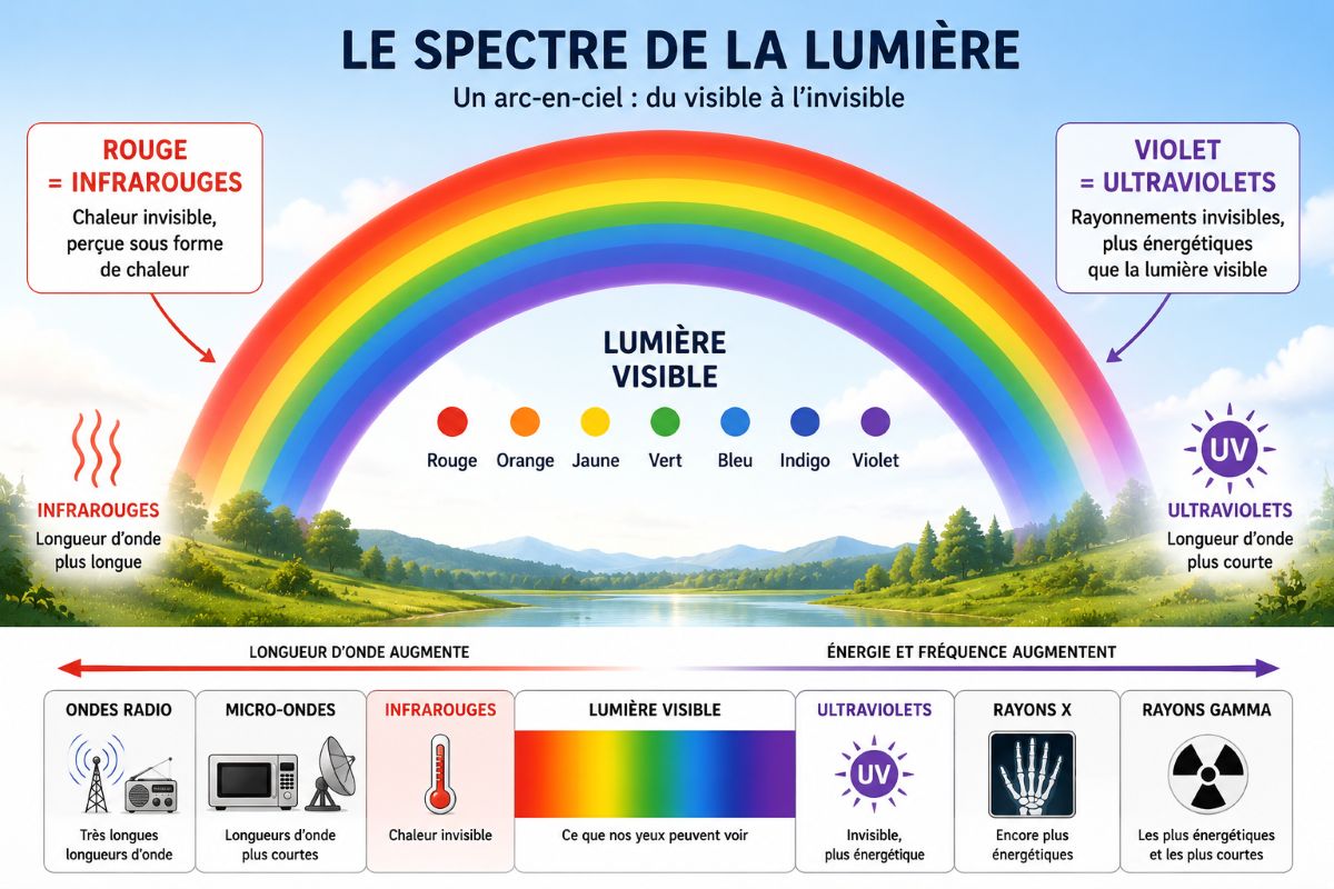 Lumière visible, infrarouges et ultraviolets Infographie pédagogique représentant un arc-en-ciel montrant la position des infrarouges au-delà du rouge et des ultraviolets au-delà du violet dans le spectre lumineux.