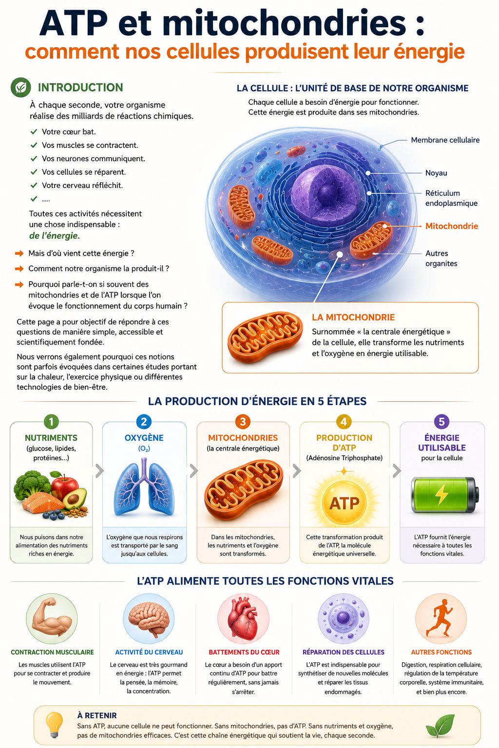 ATP et mitochondries : comment nos cellules produisent leur énergie Infographie pédagogique expliquant comment les mitochondries utilisent les nutriments et l'oxygène pour produire l'ATP, principale source d'énergie des cellules de l'organisme.