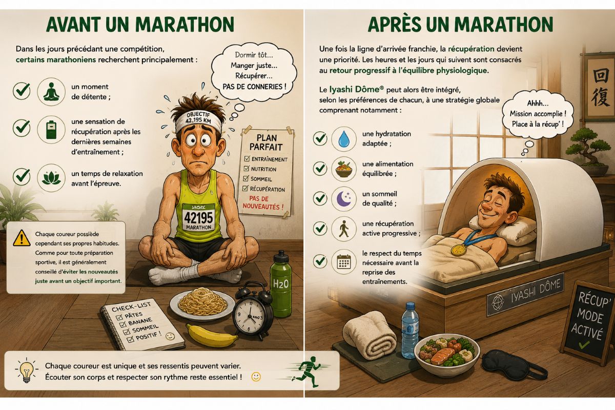 Avant et après un marathon avec le Iyashi Dôme® Illustration humoristique comparant la préparation avant un marathon et la récupération après la course avec le véritable Iyashi Dôme®.
