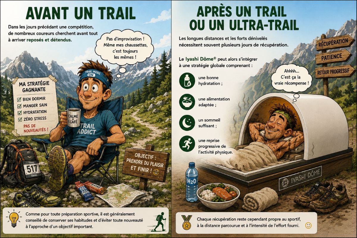 Avant et après un trail ou un ultra-trail avec le Iyashi Dôme® Illustration humoristique comparant la préparation avant un trail et la récupération après un trail ou un ultra-trail avec le véritable Iyashi Dôme®.