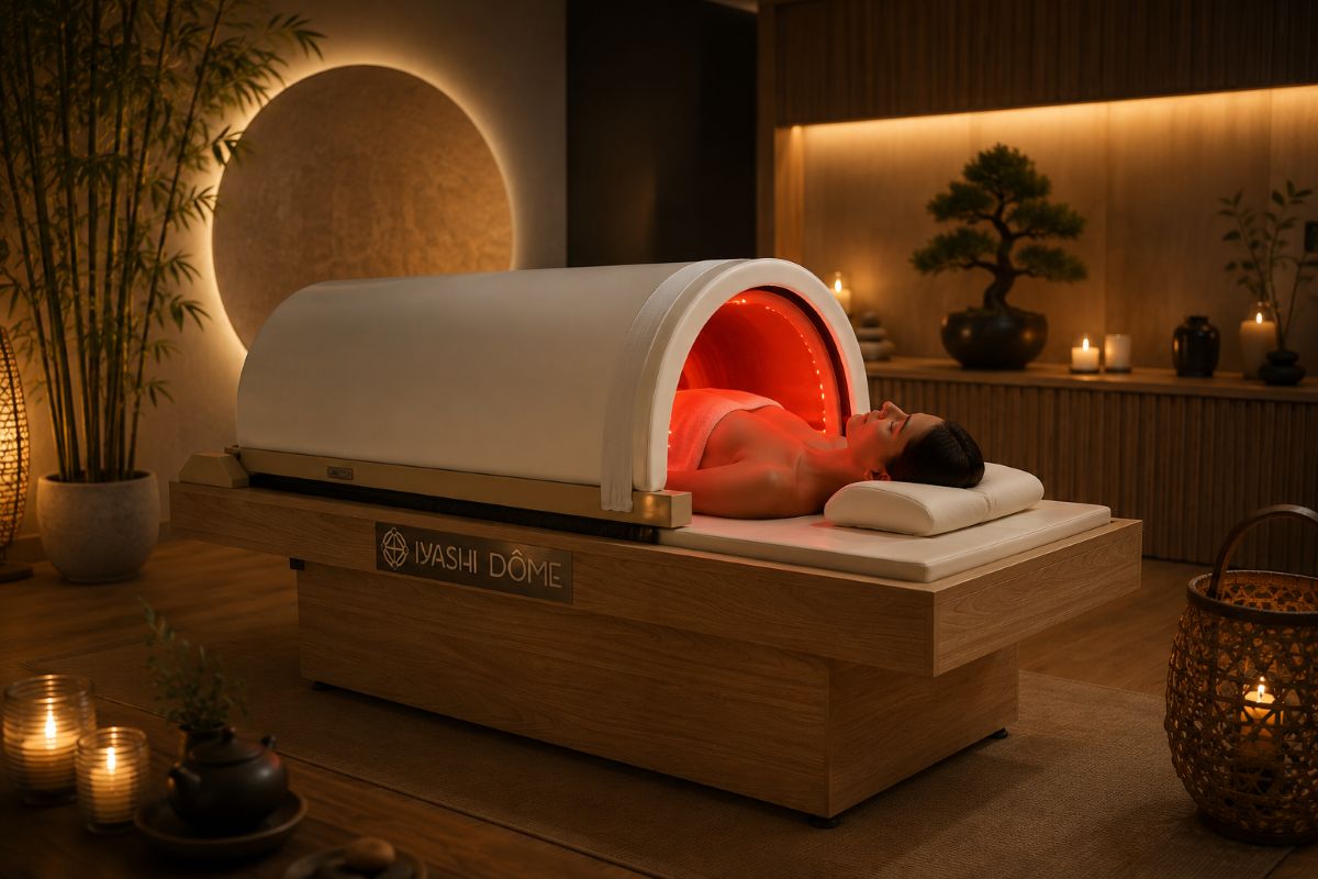 Les bienfaits du Iyashi Dôme® Illustration du Iyashi Dôme® officiel dans un espace de bien-être haut de gamme, mettant en avant les bienfaits des infrarouges longs pour la récupération, la détoxification, la relaxation et le bien-être global.