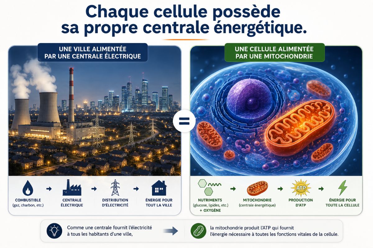 Chaque cellule possède sa propre centrale énergétique Infographie comparant une centrale électrique alimentant une ville à une mitochondrie produisant l'énergie nécessaire au fonctionnement d'une cellule.