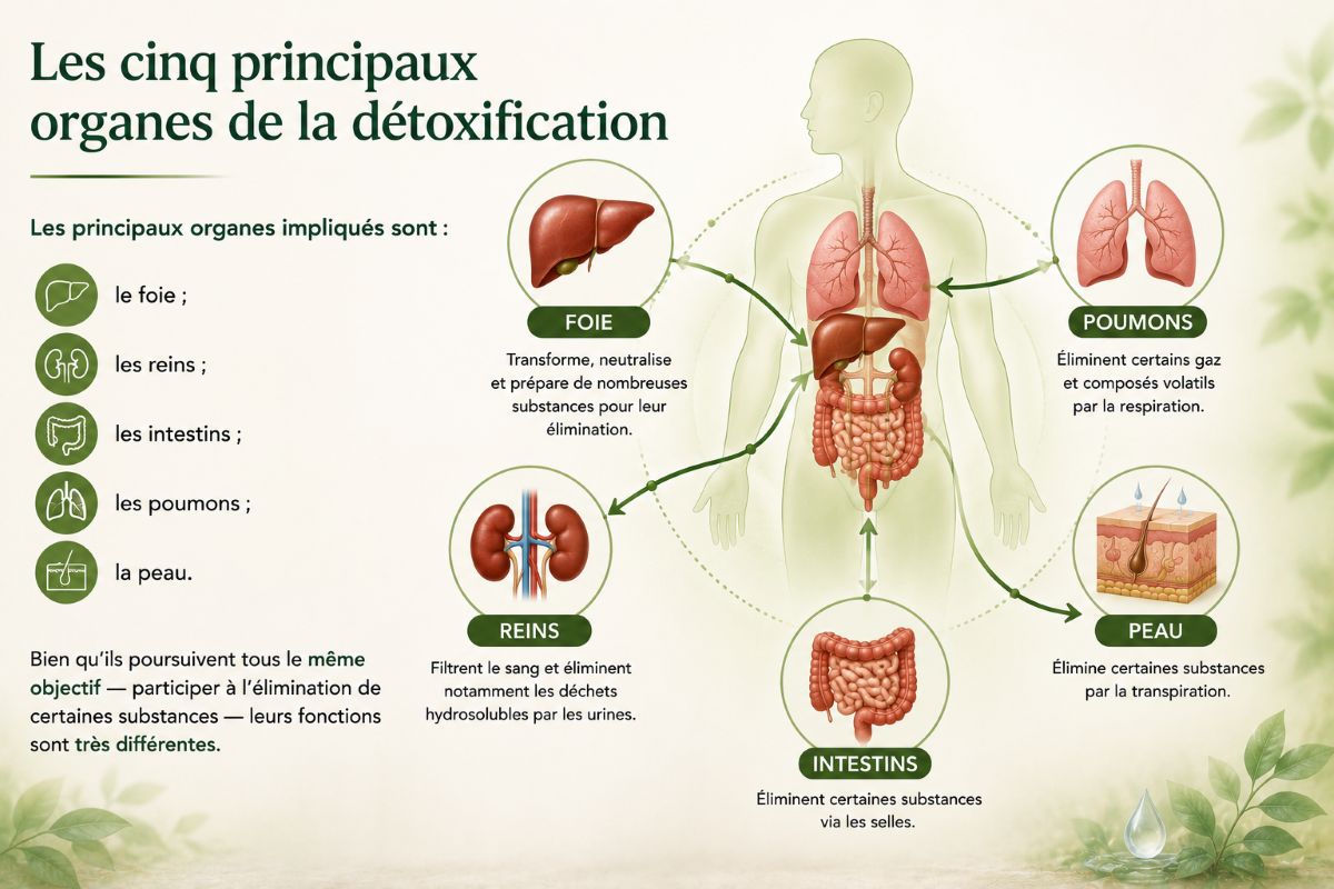 Les cinq principaux organes de la détoxification Illustration présentant les cinq principaux organes impliqués dans les mécanismes naturels de détoxification de l'organisme : foie, reins, intestins, poumons et peau.