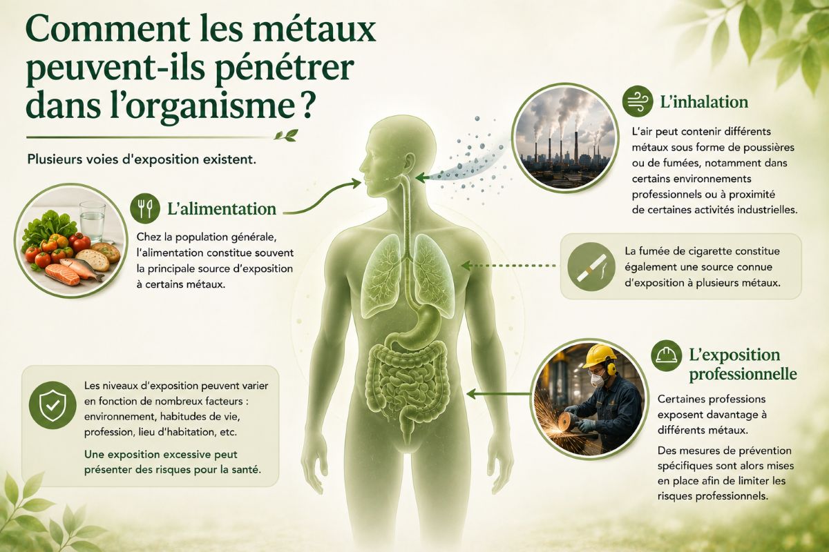 Comment les métaux pénètrent-ils dans l'organisme ? Illustration présentant les principales voies d'exposition aux métaux : l'alimentation, l'inhalation et l'exposition professionnelle.