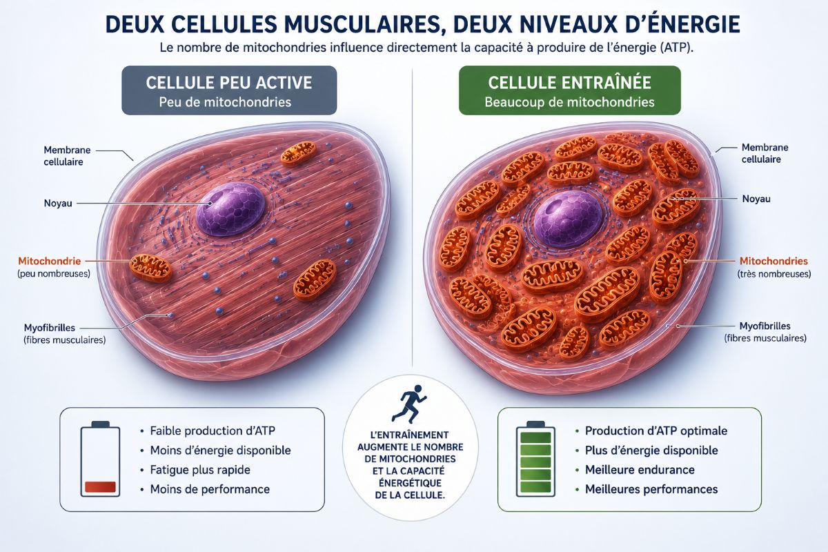 Deux cellules musculaires : le rôle des mitochondries Infographie comparant une cellule musculaire peu active contenant peu de mitochondries à une cellule musculaire entraînée présentant un nombre plus important de mitochondries.