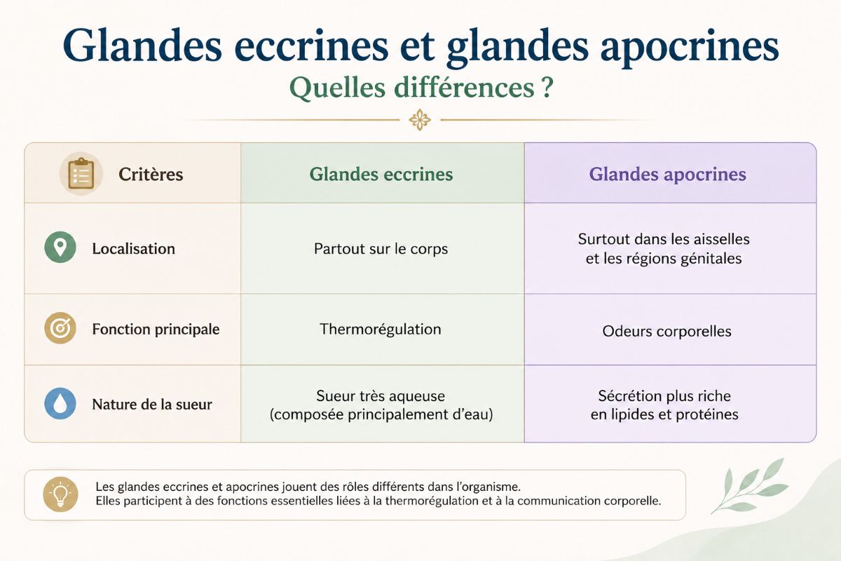 Glandes eccrines et glandes apocrines : quelles différences ? Tableau comparatif présentant les principales différences entre les glandes eccrines et les glandes apocrines, notamment leur localisation, leur rôle physiologique et la composition de leurs sécrétions.