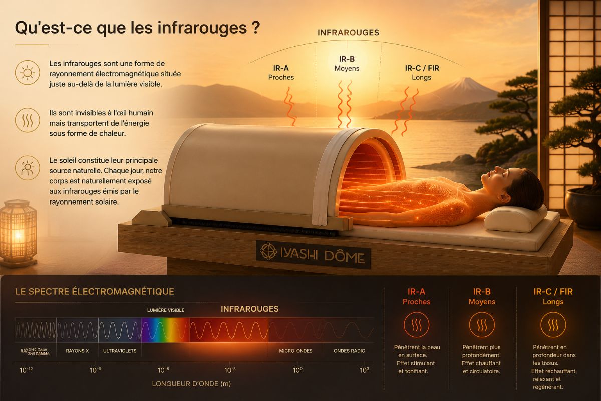 Comparatif Iyashi Dôme® et sauna traditionnel Illustration comparant le véritable Iyashi Dôme® à un sauna traditionnel en mettant en évidence leurs différences de fonctionnement et de diffusion de la chaleur.