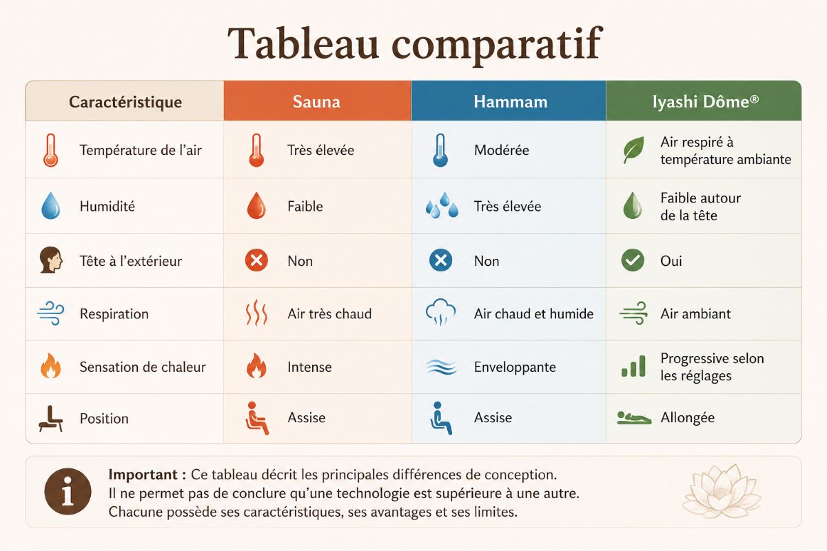 Comparatif : Sauna, hammam et Iyashi Dôme® Tableau comparatif présentant les principales différences entre un sauna, un hammam et le véritable Iyashi Dôme® : température de l'air, humidité, respiration, position, sensation de chaleur et tête à l'extérieur.
