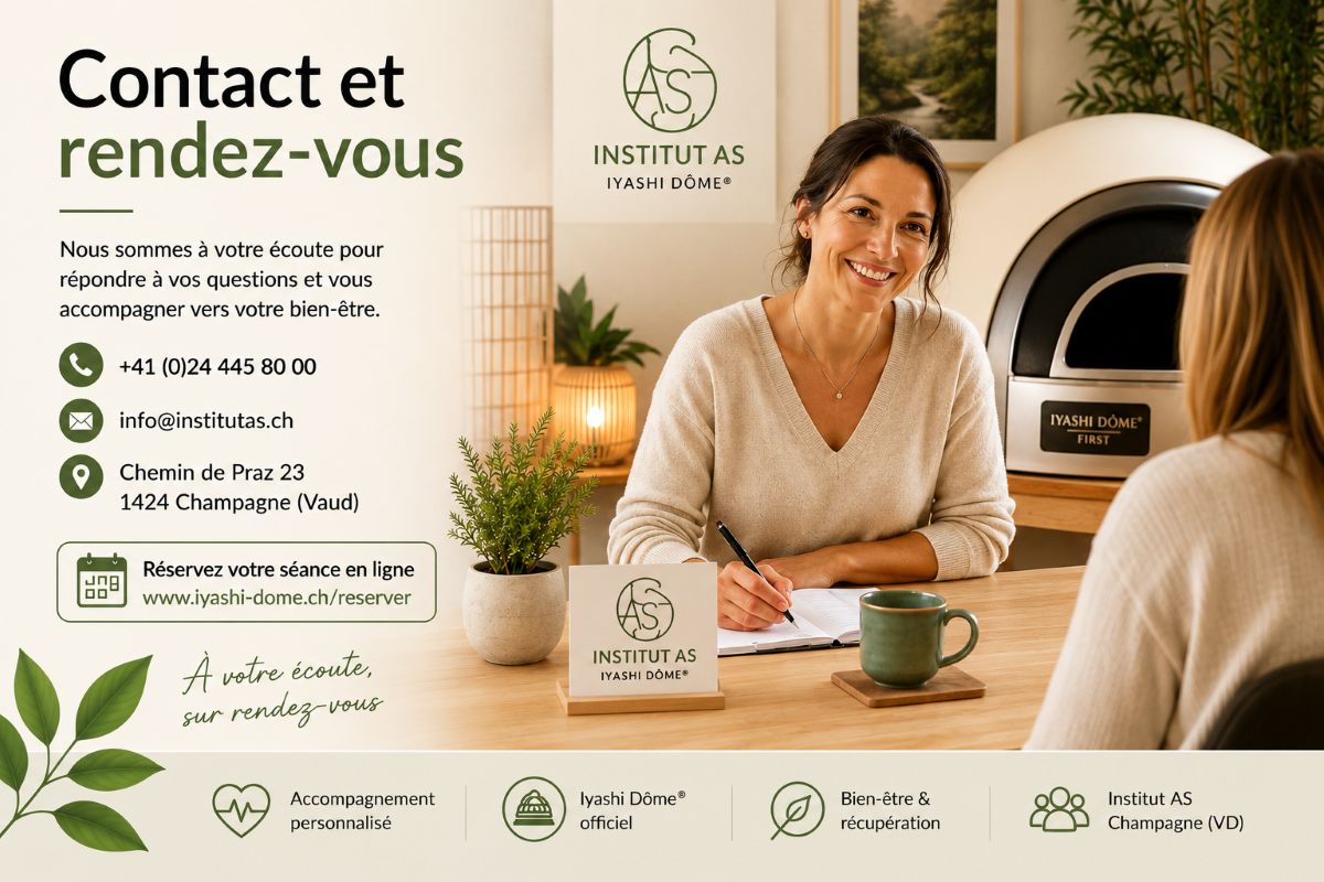 Contact Institut AS – Iyashi Dôme® à Champagne (Vaud) Illustration de la page Contact de l'Institut AS présentant un accueil personnalisé pour les séances de Iyashi Dôme® officiel à Champagne (Vaud).