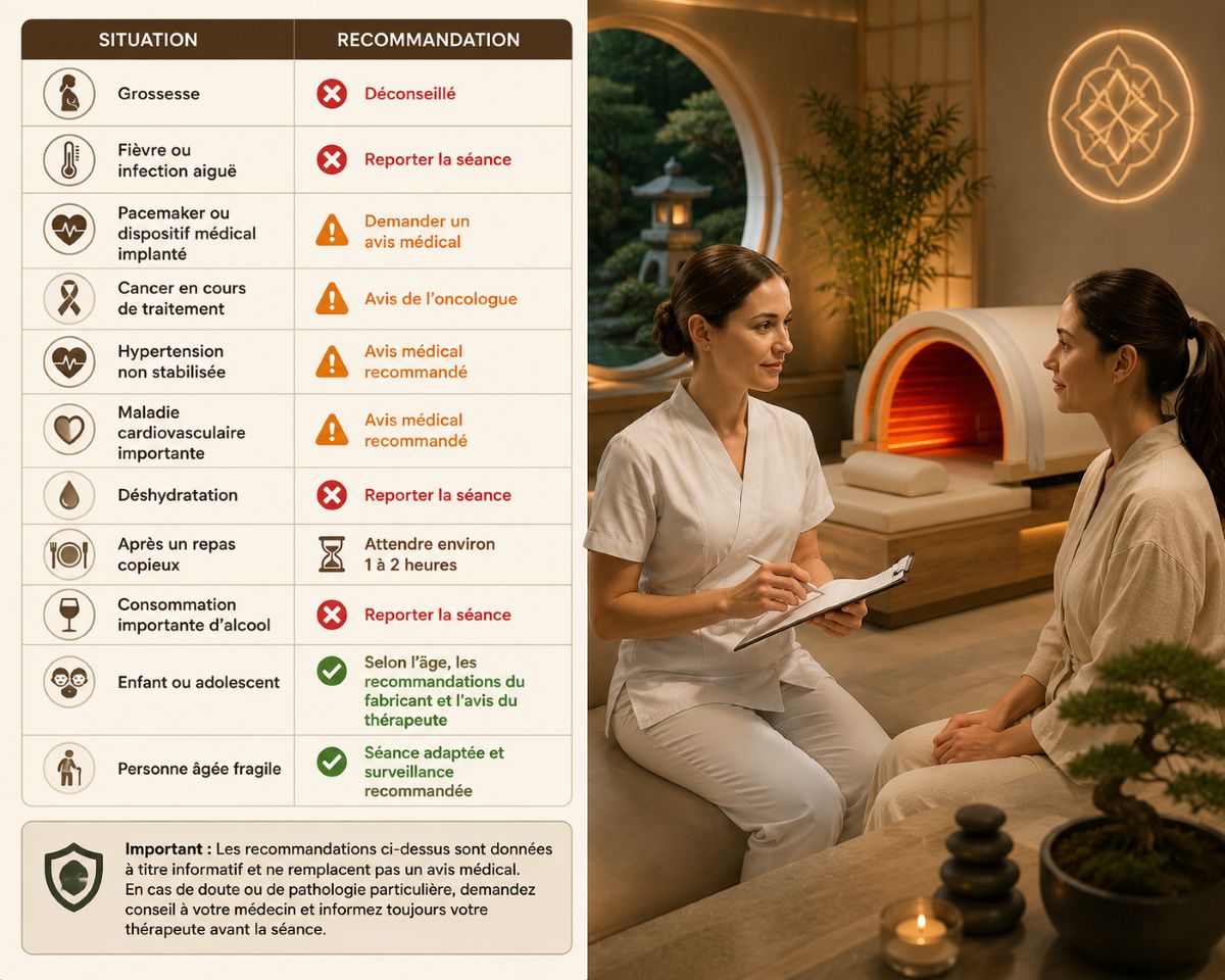 Contre-indications et recommandations avant une séance de Iyashi Dôme® Illustration présentant les principales contre-indications et recommandations à connaître avant une séance de Iyashi Dôme®, accompagnée d'un entretien entre un thérapeute et une cliente.