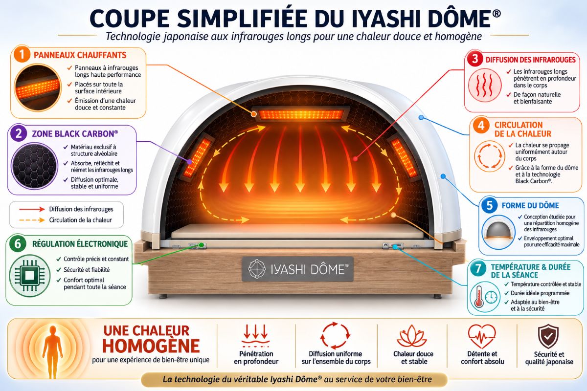 Coupe simplifiée du fonctionnement du Iyashi Dôme® Schéma en coupe du véritable Iyashi Dôme® montrant les panneaux chauffants, la technologie Black Carbon®, la diffusion des infrarouges longs et la circulation homogène de la chaleur.
