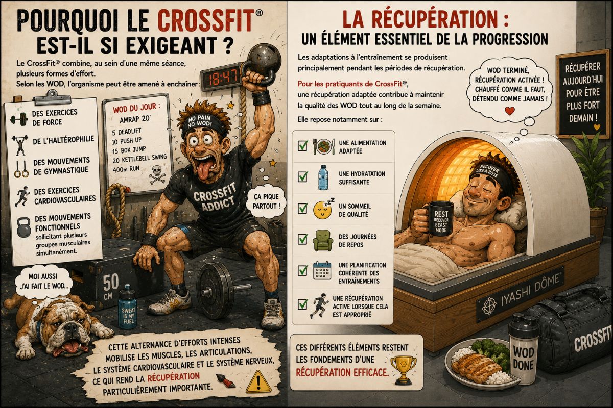 CrossFit® et récupération avec le Iyashi Dôme® Illustration humoristique montrant un pratiquant de CrossFit® après un WOD intense profitant d'une récupération pouvant intégrer une séance dans le véritable Iyashi Dôme®.