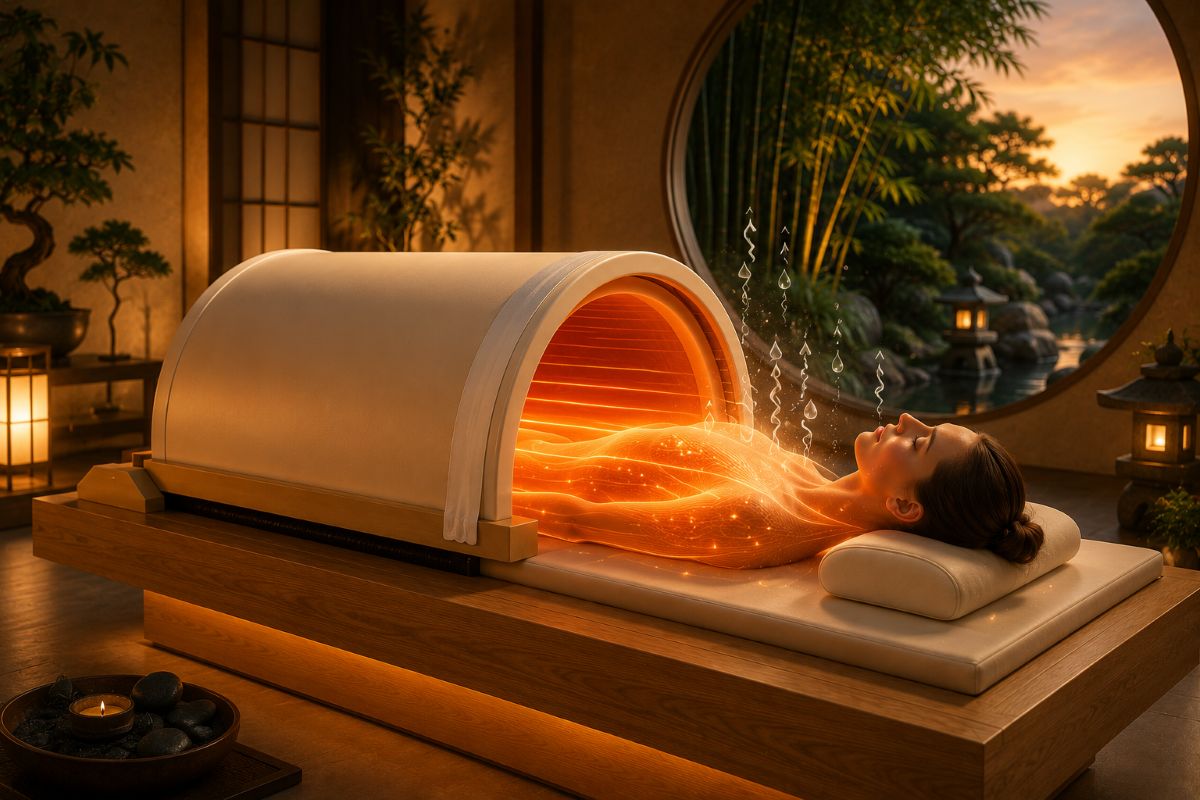 Illustration du Iyashi Dôme® officiel montrant une personne profitant d'une séance favorisant une transpiration en profondeur et accompagnant les mécanismes naturels de détoxification de l'organisme grâce aux infrarouges longs.