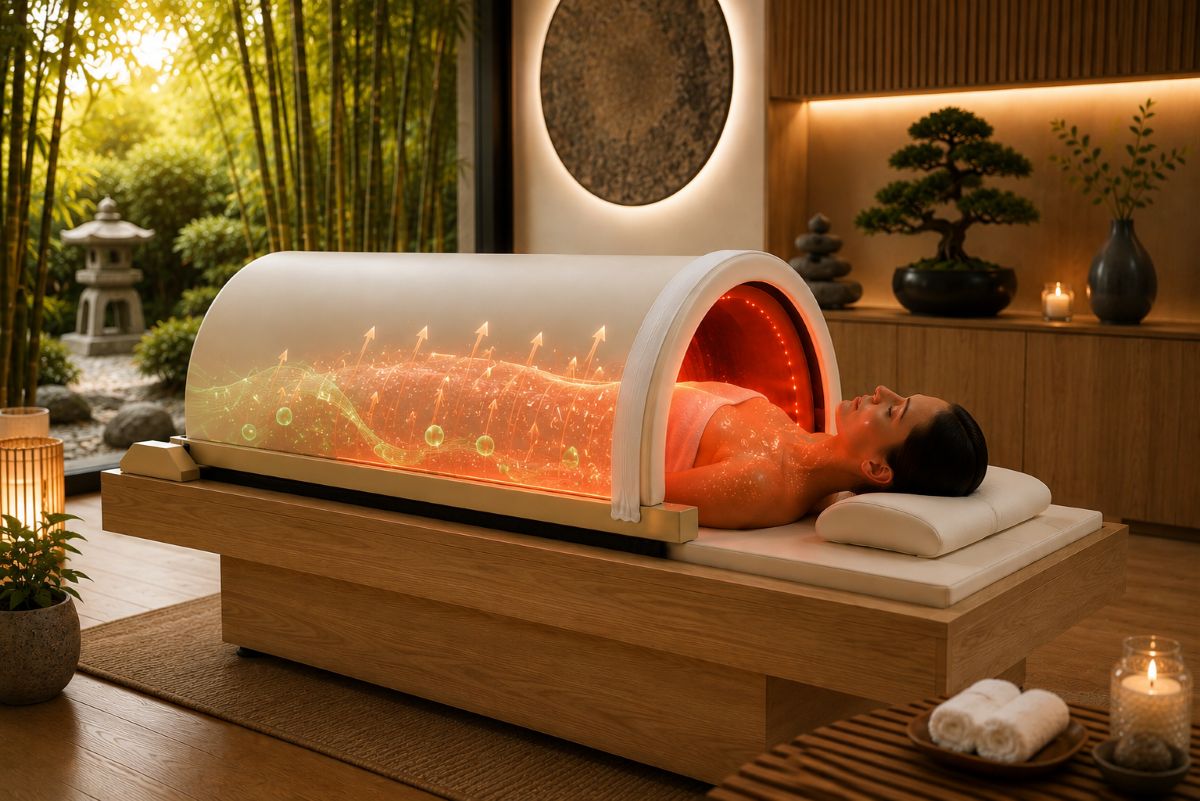 Détoxification naturelle avec le Iyashi Dôme® Illustration du Iyashi Dôme® officiel montrant une personne profitant d'une séance favorisant la détoxification naturelle de l'organisme grâce aux infrarouges longs et à une transpiration en profondeur.