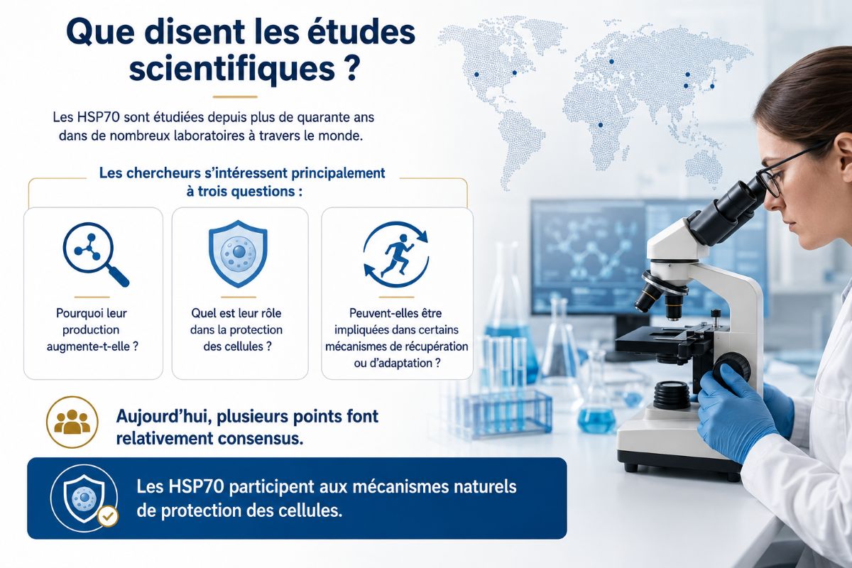 Que disent les études scientifiques sur les HSP70 ? Infographie présentant les principales questions étudiées par les chercheurs concernant les protéines HSP70, leur production, leur rôle dans la protection des cellules et leur implication dans les mécanismes d'adaptation.