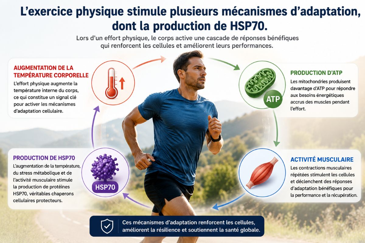 L'exercice physique stimule plusieurs mécanismes d'adaptation, dont la production de HSP70 Infographie illustrant un sportif en train de courir avec les principaux mécanismes physiologiques déclenchés par l'exercice : augmentation de la température corporelle, activité musculaire, production d'ATP et synthèse de protéines HSP70.