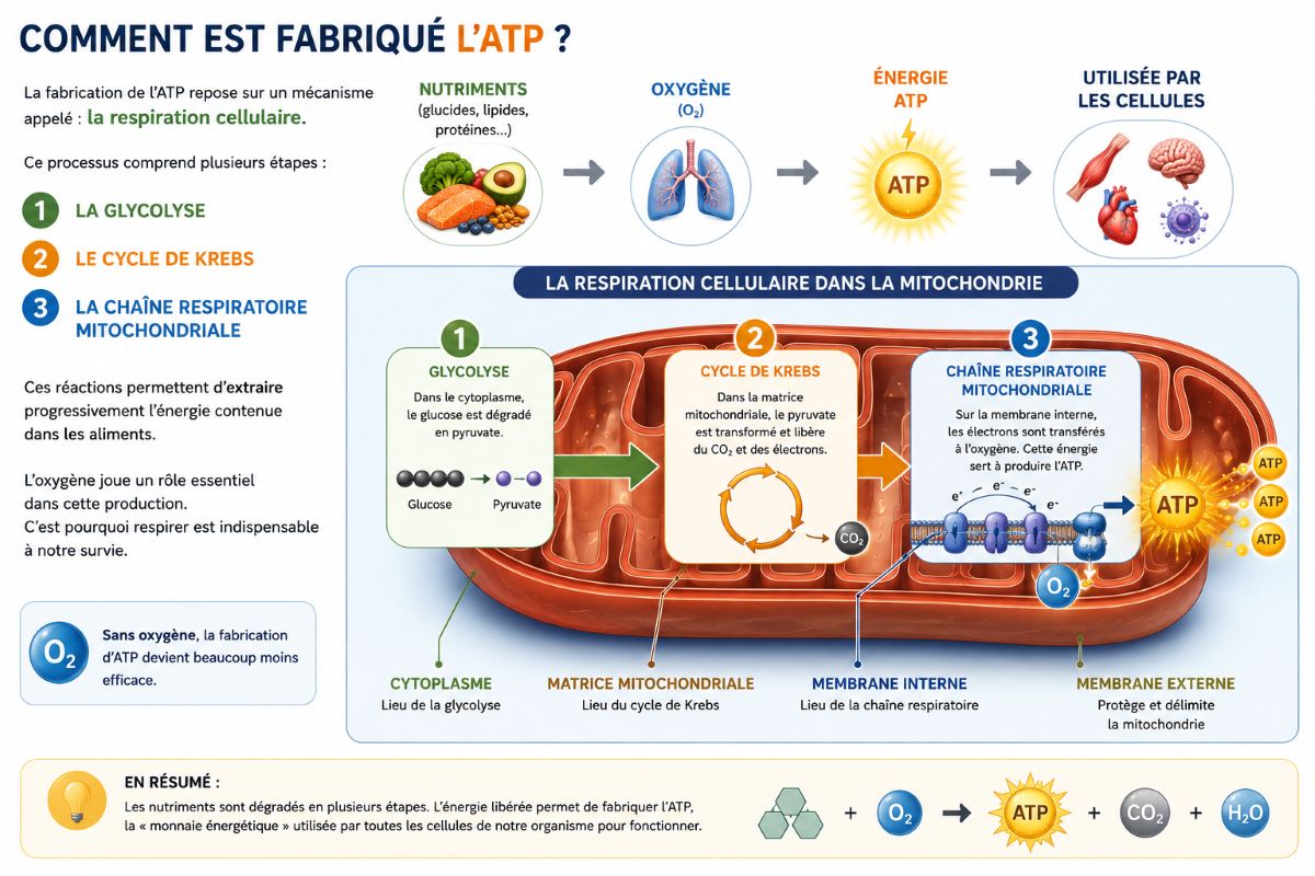 Comment est fabriqué l'ATP ? Infographie expliquant la fabrication de l'ATP par la respiration cellulaire à travers la glycolyse, le cycle de Krebs et la chaîne respiratoire mitochondriale.