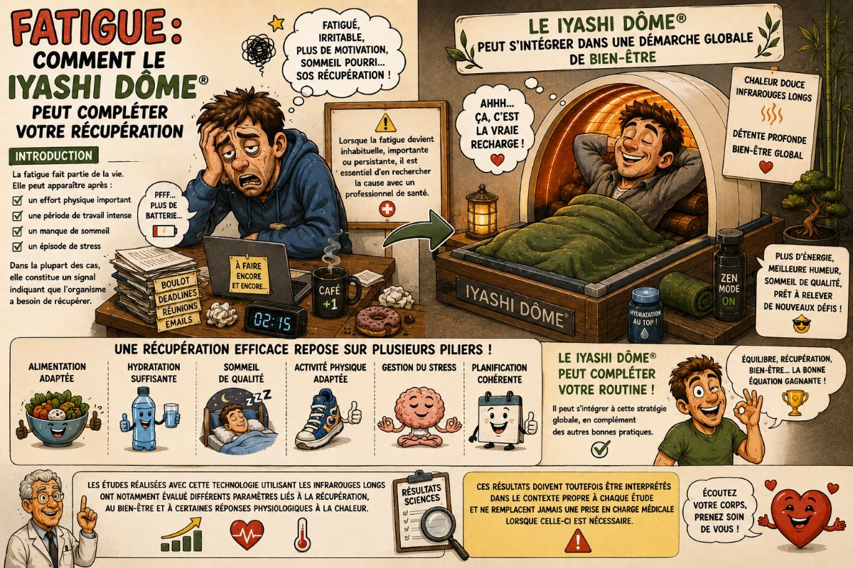 Fatigue et récupération avec le Iyashi Dôme® Illustration humoristique montrant une personne fatiguée retrouvant progressivement son énergie grâce à une récupération pouvant intégrer une séance dans le véritable Iyashi Dôme®.