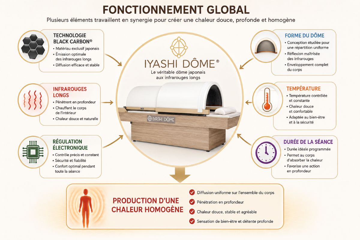 Fonctionnement global du Iyashi Dôme® Schéma illustrant le fonctionnement global du véritable Iyashi Dôme® avec la technologie Black Carbon®, les infrarouges longs, la régulation électronique, la forme du dôme, la température et la durée de la séance convergeant vers une chaleur homogène.
