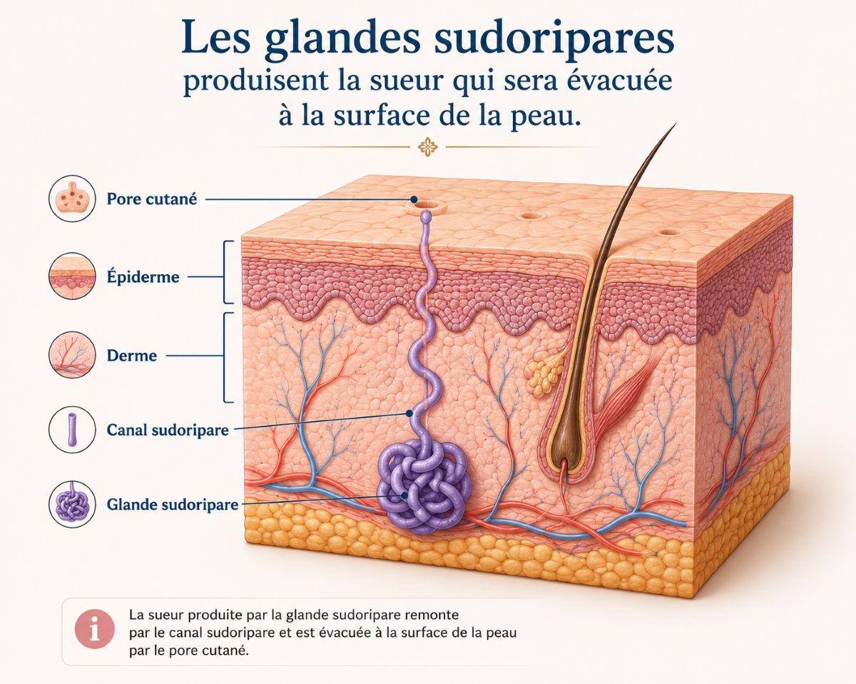 Les glandes sudoripares produisent la sueur Schéma en coupe de la peau montrant l'épiderme, le derme, une glande sudoripare, le canal sudoripare et le pore cutané par lequel la sueur est évacuée à la surface de la peau.