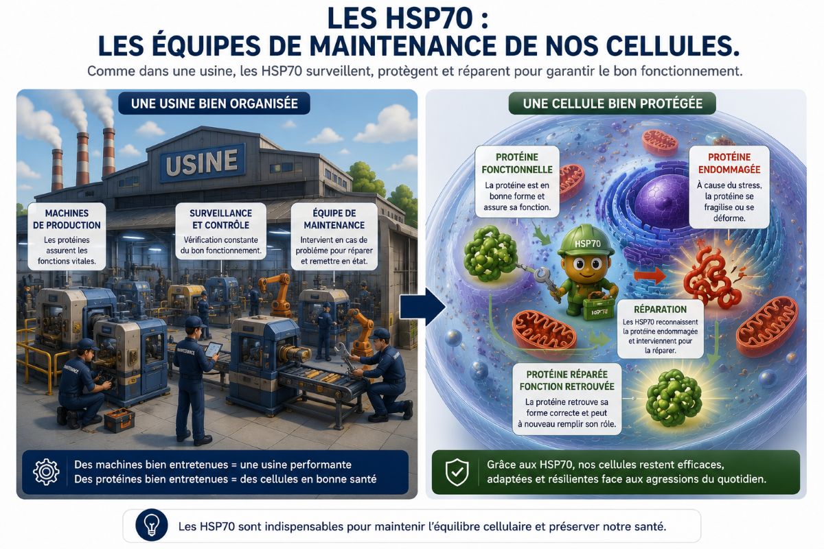 Les HSP70 : les équipes de maintenance de nos cellules Infographie comparant une usine avec son équipe de maintenance à une cellule où les protéines HSP70 réparent et stabilisent les protéines afin de préserver le fonctionnement cellulaire.