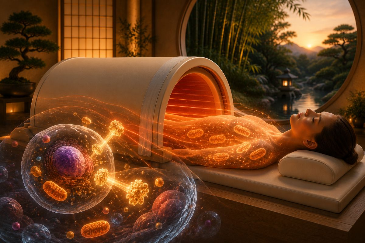 HSP70, mitochondries et Iyashi Dôme® Illustration du Iyashi Dôme® officiel montrant la diffusion des infrarouges longs et leur lien avec les protéines HSP70, les mitochondries et les mécanismes naturels de récupération cellulaire.
