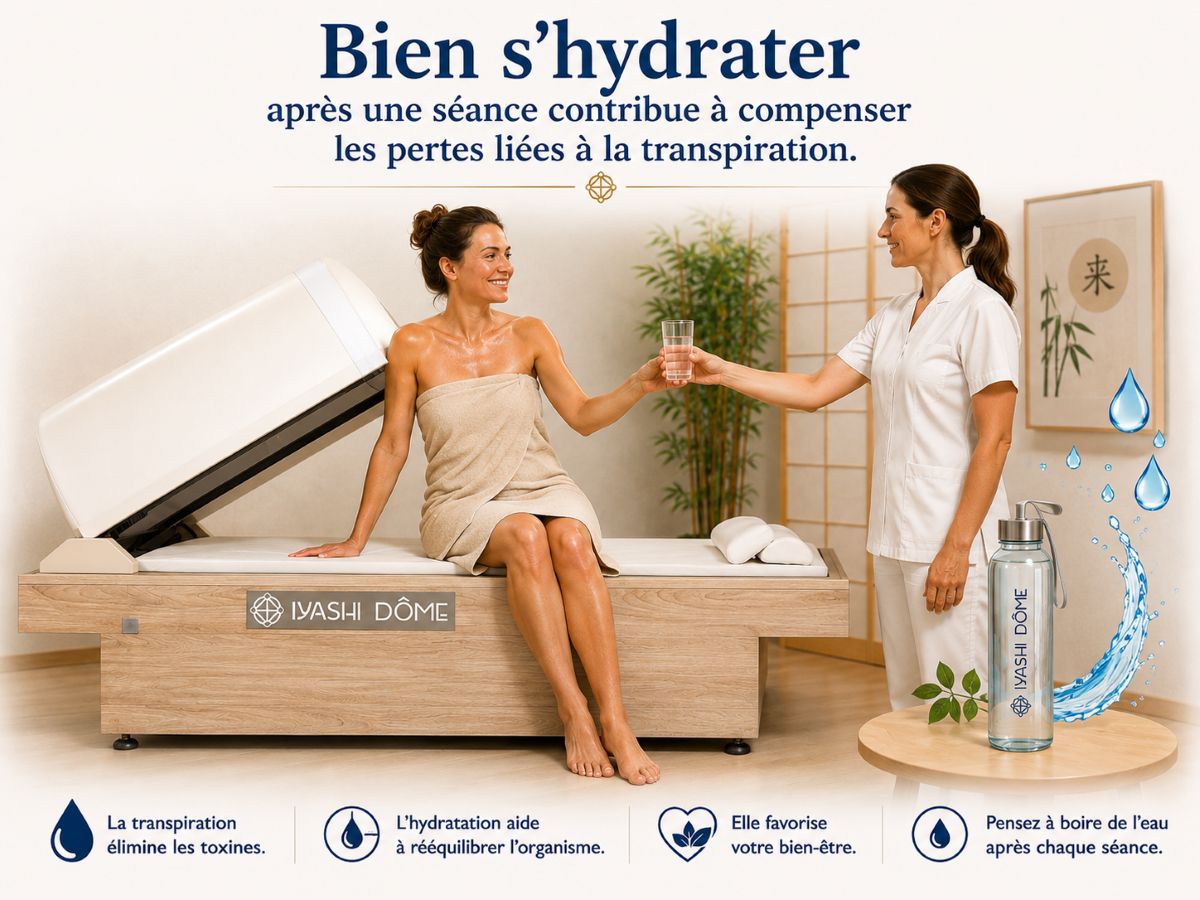 Bien s'hydrater après une séance de Iyashi Dôme® Illustration montrant une personne sortant d'une séance de Iyashi Dôme® tandis que le thérapeute lui tend un verre d'eau afin de favoriser une bonne hydratation après la transpiration.
