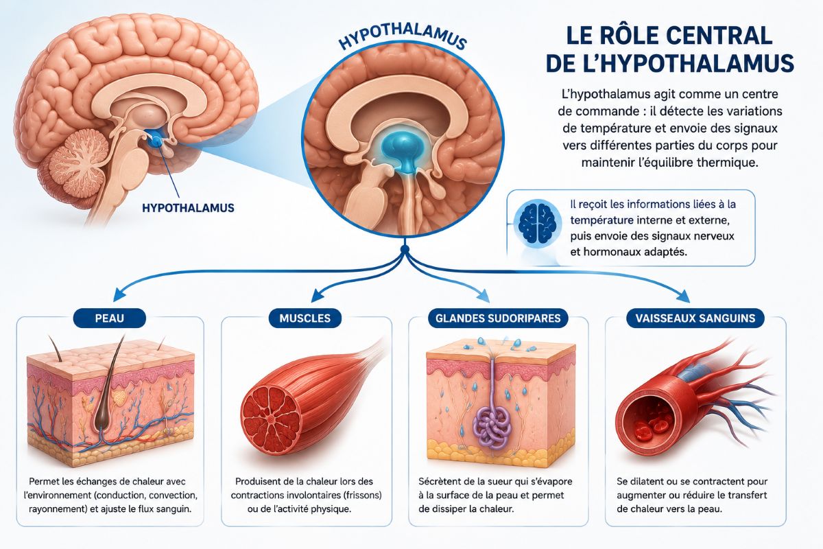 L'hypothalamus : le centre de commande de la thermorégulation Schéma anatomique du cerveau mettant en évidence l'hypothalamus et ses connexions avec la peau, les muscles, les glandes sudoripares et les vaisseaux sanguins impliqués dans la thermorégulation.