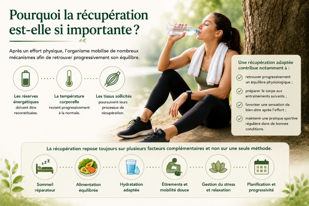 Pourquoi la récupération est-elle si importante après un effort ? Illustration expliquant les principaux mécanismes de récupération après un effort physique et les facteurs qui contribuent au retour progressif à l'équilibre physiologique.