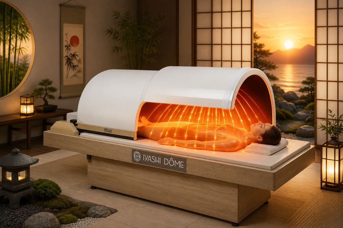 Les infrarouges longs du Iyashi Dôme® Illustration du Iyashi Dôme® officiel montrant la diffusion des infrarouges longs à travers le corps afin de produire une chaleur progressive et homogène favorisant une transpiration en profondeur.