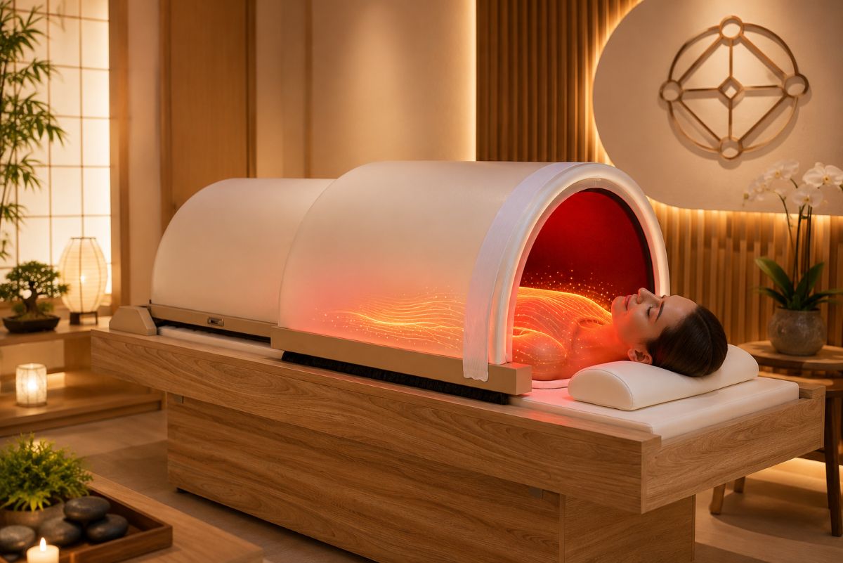 Installation dans le Iyashi Dôme® officiel Illustration montrant une personne confortablement installée dans le Iyashi Dôme® officiel, avec la tête à l'extérieur, pendant une séance utilisant les infrarouges longs.