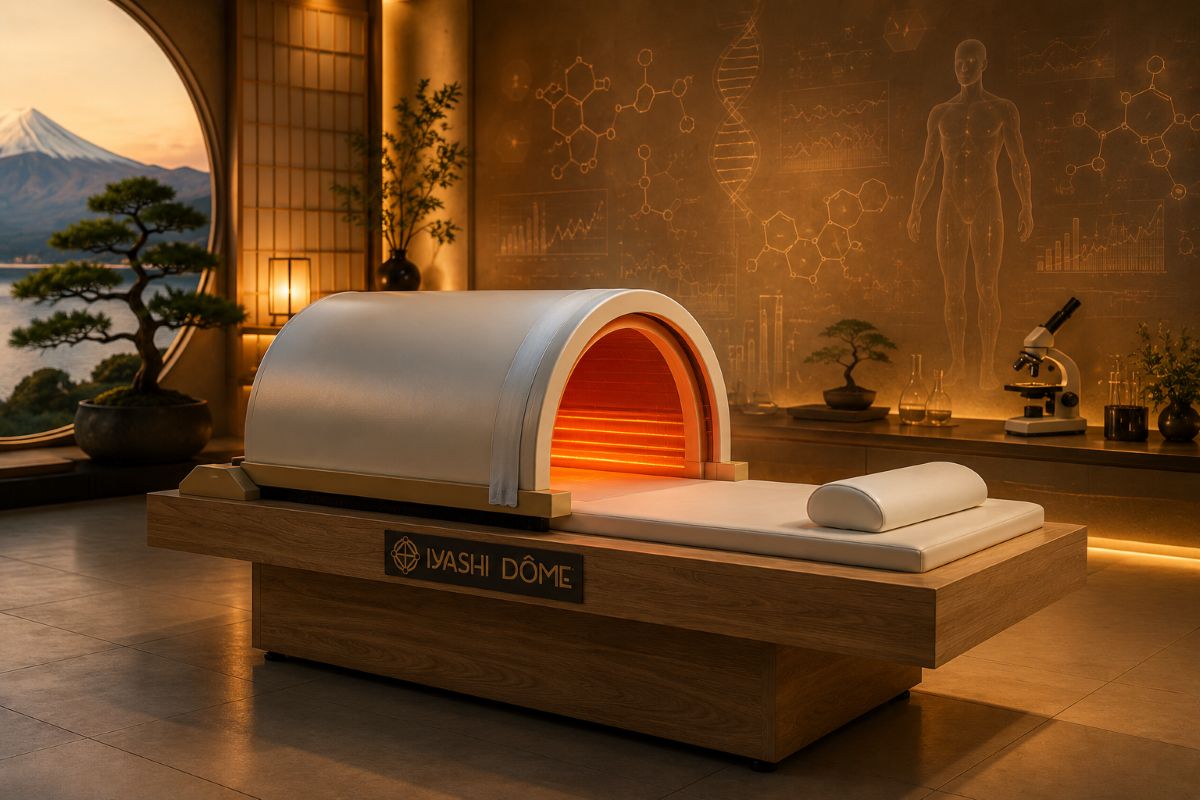 Illustration du véritable Iyashi Dôme® dans un environnement inspiré du Japon, évoquant la recherche scientifique, l'innovation et les infrarouges longs.
