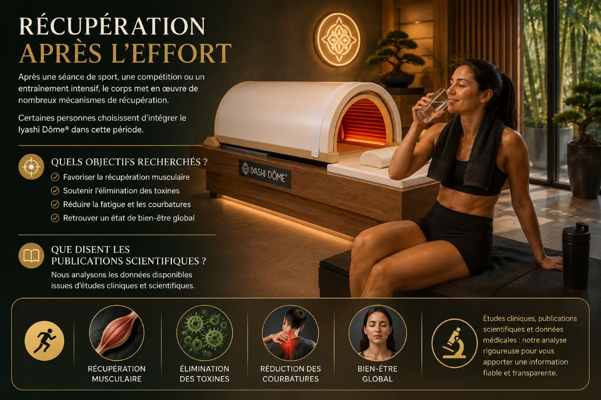 Iyashi Dôme® et récupération après l'effort Illustration représentant une sportive après un effort physique à proximité du véritable Iyashi Dôme®, dans un espace de bien-être inspiré du Japon, évoquant la récupération sportive.