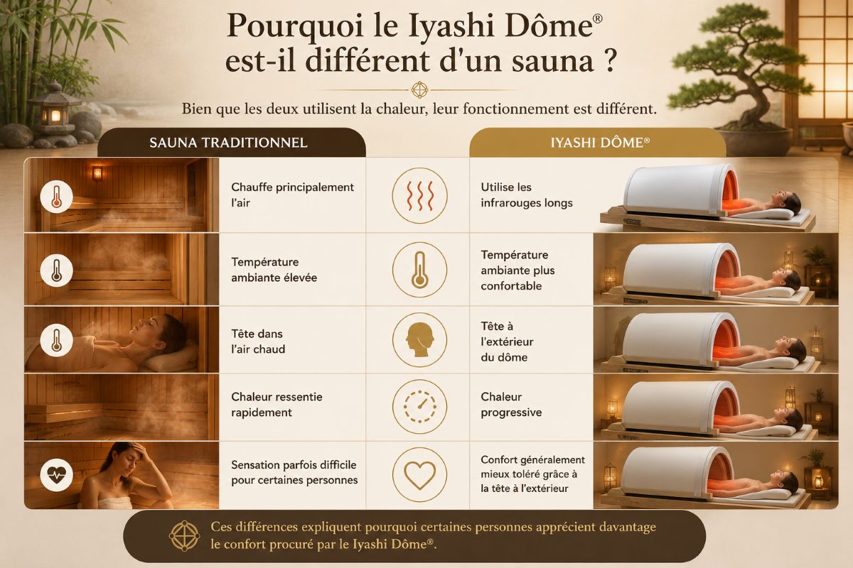 Iyashi Dôme® ou sauna traditionnel : quelles différences ? Illustration comparant le Iyashi Dôme® et le sauna traditionnel. Le Iyashi Dôme® utilise les infrarouges longs, avec la tête à l'extérieur du dôme pour un confort thermique différent.