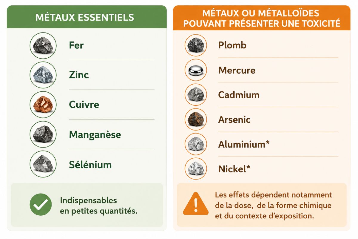 Métaux essentiels et métaux lourds : quelles différences ? Infographie comparant les métaux essentiels à l'organisme (fer, zinc, cuivre, manganèse, sélénium) et les métaux ou métalloïdes pouvant présenter une toxicité selon la dose et le contexte d'exposition, comme le plomb, le mercure, le cadmium, l'arsenic, l'aluminium et le nickel.