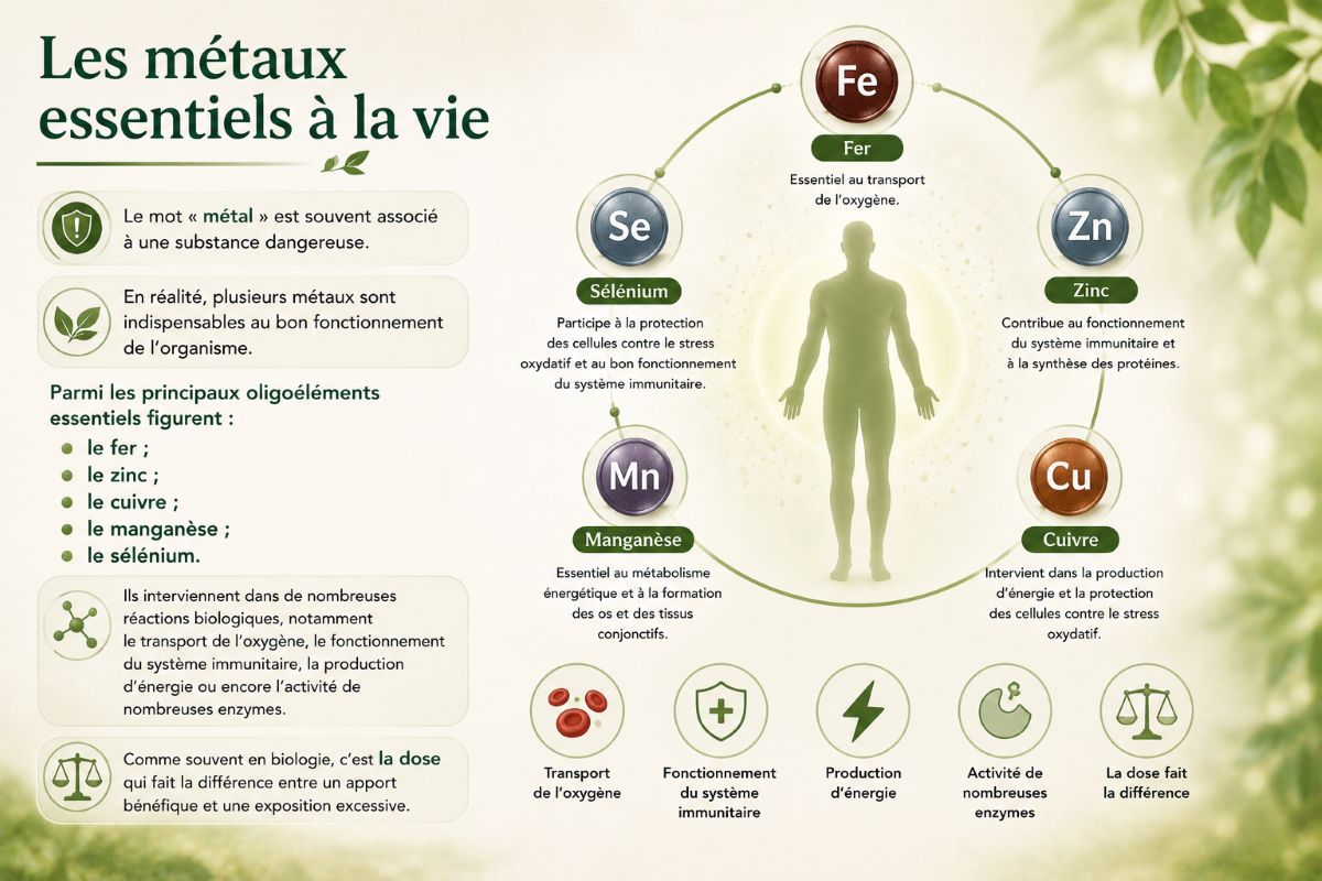 Les métaux essentiels au bon fonctionnement de l'organisme Illustration présentant les principaux oligoéléments essentiels à l'organisme : fer, zinc, cuivre, manganèse et sélénium, ainsi que leurs principales fonctions biologiques.