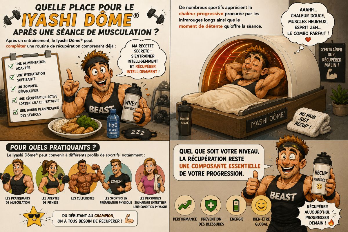 Le Iyashi Dôme® après une séance de musculation Illustration humoristique montrant un sportif après une séance de musculation profitant d'une récupération pouvant intégrer une séance dans le véritable Iyashi Dôme®.