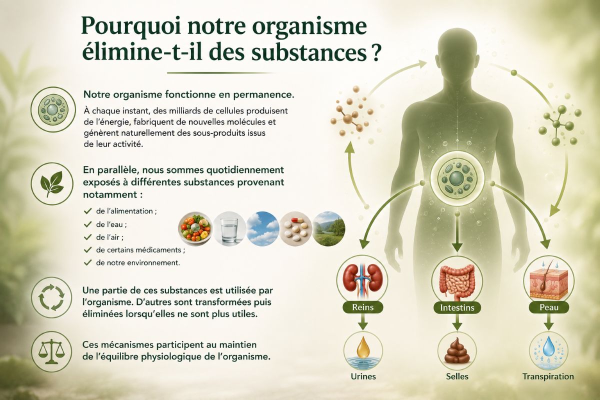 Illustration expliquant pourquoi l'organisme élimine naturellement certaines substances et présentant les principaux mécanismes physiologiques d'élimination.