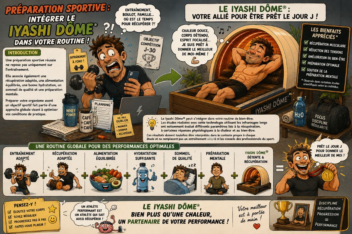 Préparation sportive et Iyashi Dôme® Illustration humoristique représentant un sportif intégrant le véritable Iyashi Dôme® dans sa routine de préparation et de récupération avant une compétition.