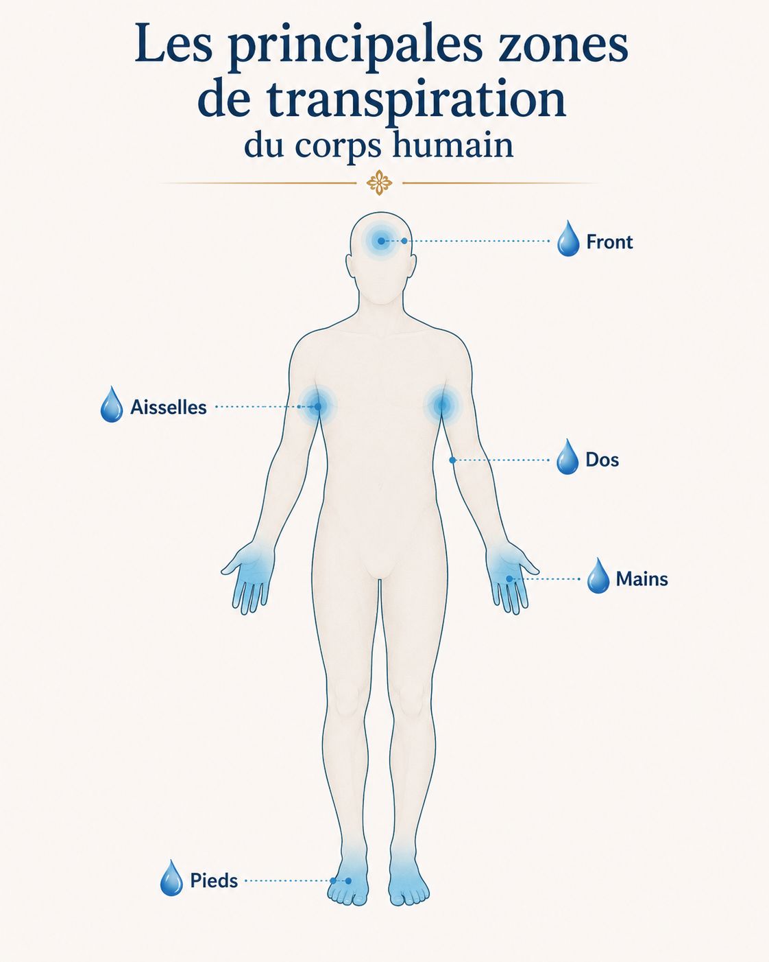 Les principales zones de transpiration du corps humain Schéma anatomique indiquant les principales zones de transpiration du corps humain : front, aisselles, dos, mains et pieds.