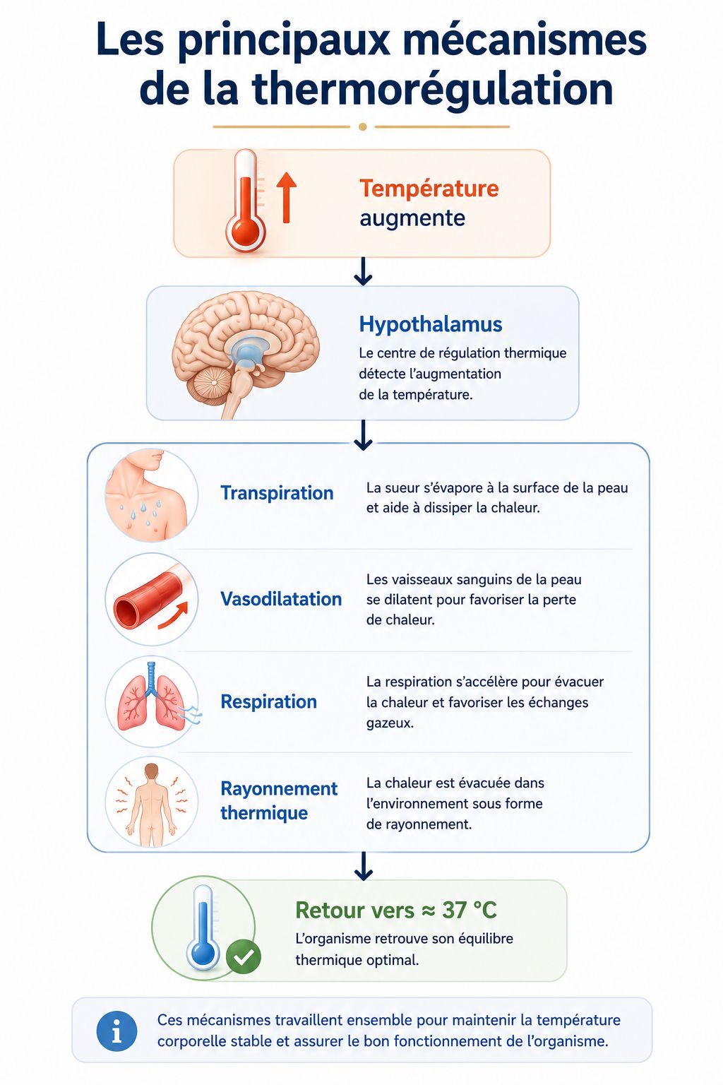 Les principaux mécanismes de la thermorégulation Infographie illustrant les principaux mécanismes de la thermorégulation : augmentation de la température corporelle, intervention de l'hypothalamus, transpiration, vasodilatation, respiration, rayonnement thermique et retour vers une température d'environ 37 °C.