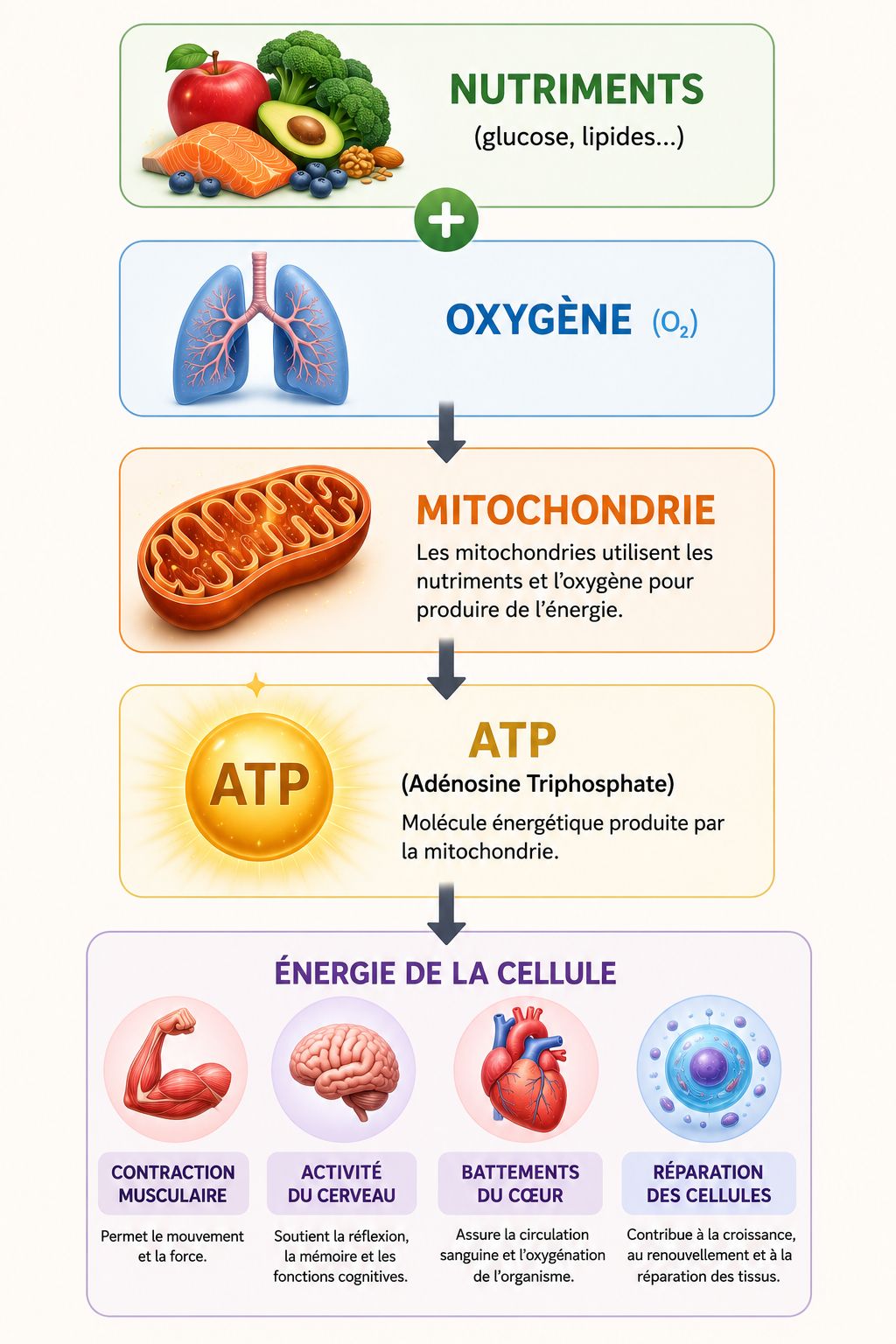 Production d'ATP par la mitochondrie Infographie illustrant la production d'énergie cellulaire : les nutriments et l'oxygène sont utilisés par les mitochondries pour produire de l'ATP, principale source d'énergie des cellules.