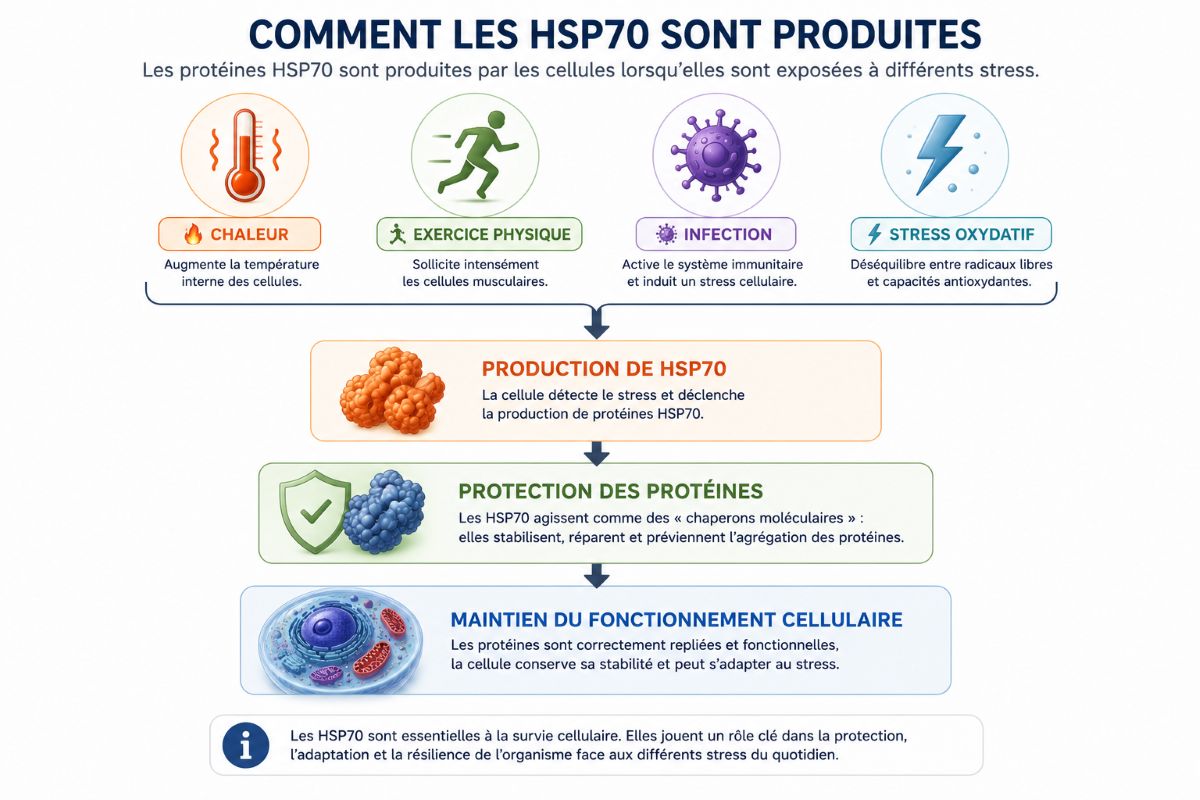 Comment les protéines HSP70 sont-elles produites ? Infographie expliquant comment la chaleur, l’exercice physique, une infection ou le stress oxydatif peuvent déclencher la production de protéines HSP70 qui participent à la protection des protéines et au maintien du fonctionnement cellulaire.