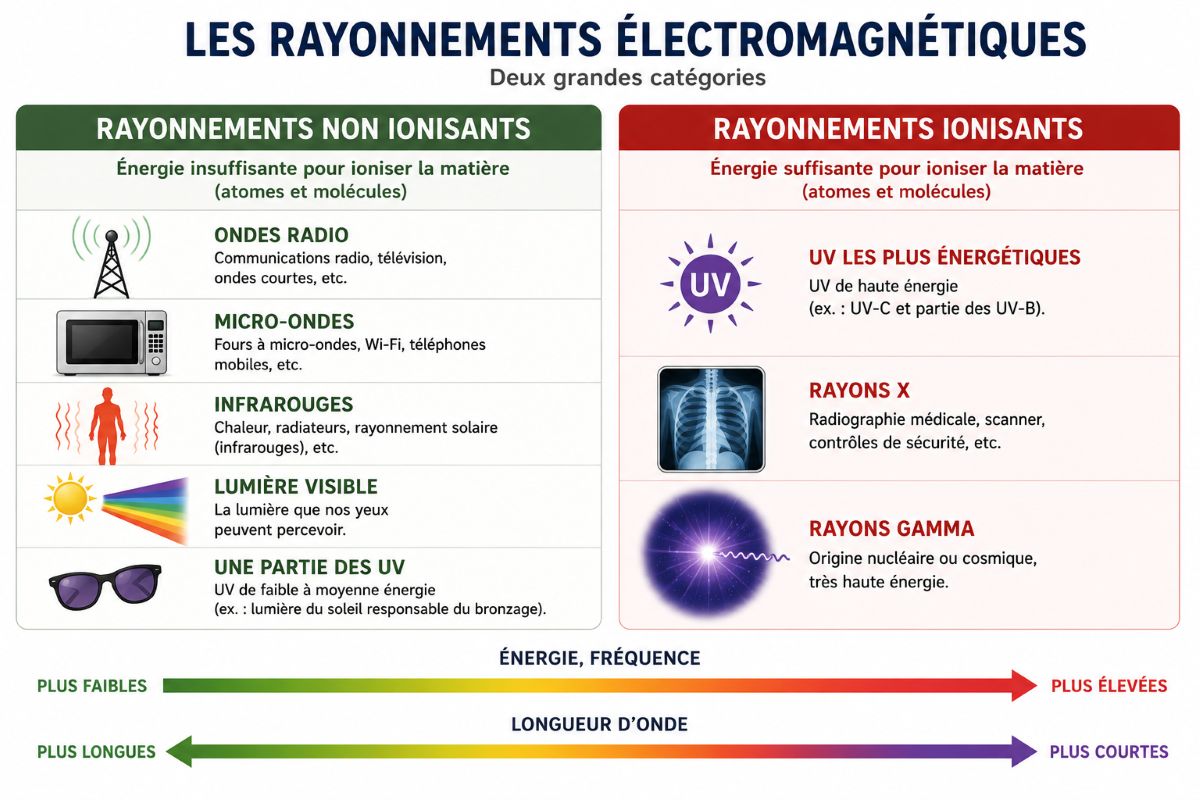 Rayonnements ionisants et non ionisants : quelles différences ? Infographie pédagogique comparant les rayonnements non ionisants et les rayonnements ionisants dans le spectre électromagnétique, avec des exemples de chaque catégorie.