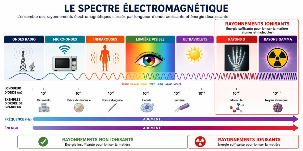 Rayonnements ionisants dans le spectre électromagnétique Infographie pédagogique montrant le spectre électromagnétique avec une mise en évidence de la zone des rayonnements ionisants comprenant les rayons X et les rayons gamma.