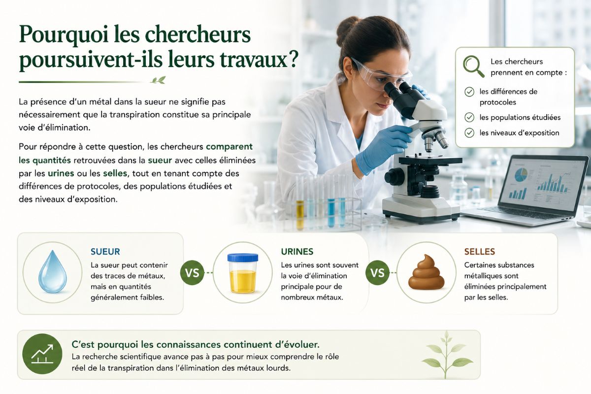 Pourquoi les chercheurs poursuivent leurs travaux sur l'élimination des métaux Illustration expliquant pourquoi les chercheurs comparent la présence de métaux dans la sueur, les urines et les selles afin de mieux comprendre les mécanismes naturels d'élimination de l'organisme.
