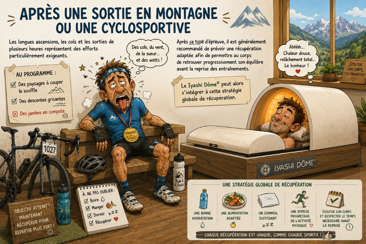 Récupération après une sortie en montagne ou une cyclosportive Illustration humoristique montrant un cycliste récupérant après une sortie en montagne ou une cyclosportive grâce à une stratégie globale pouvant intégrer une séance dans le véritable Iyashi Dôme®.
