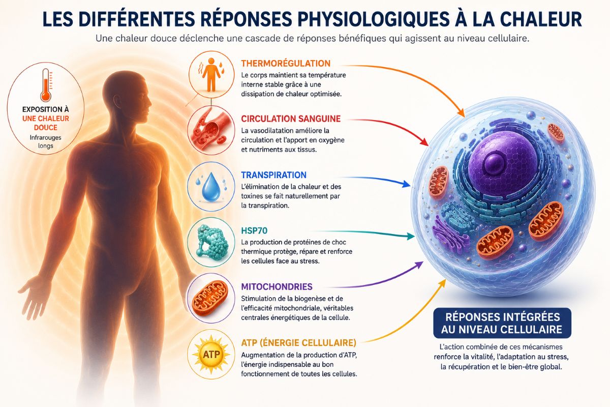 Les différentes réponses physiologiques à la chaleur Infographie illustrant les principales réponses physiologiques à une exposition à une chaleur douce, notamment la thermorégulation, la circulation sanguine, la transpiration, les protéines HSP70, les mitochondries et la production d'ATP.
